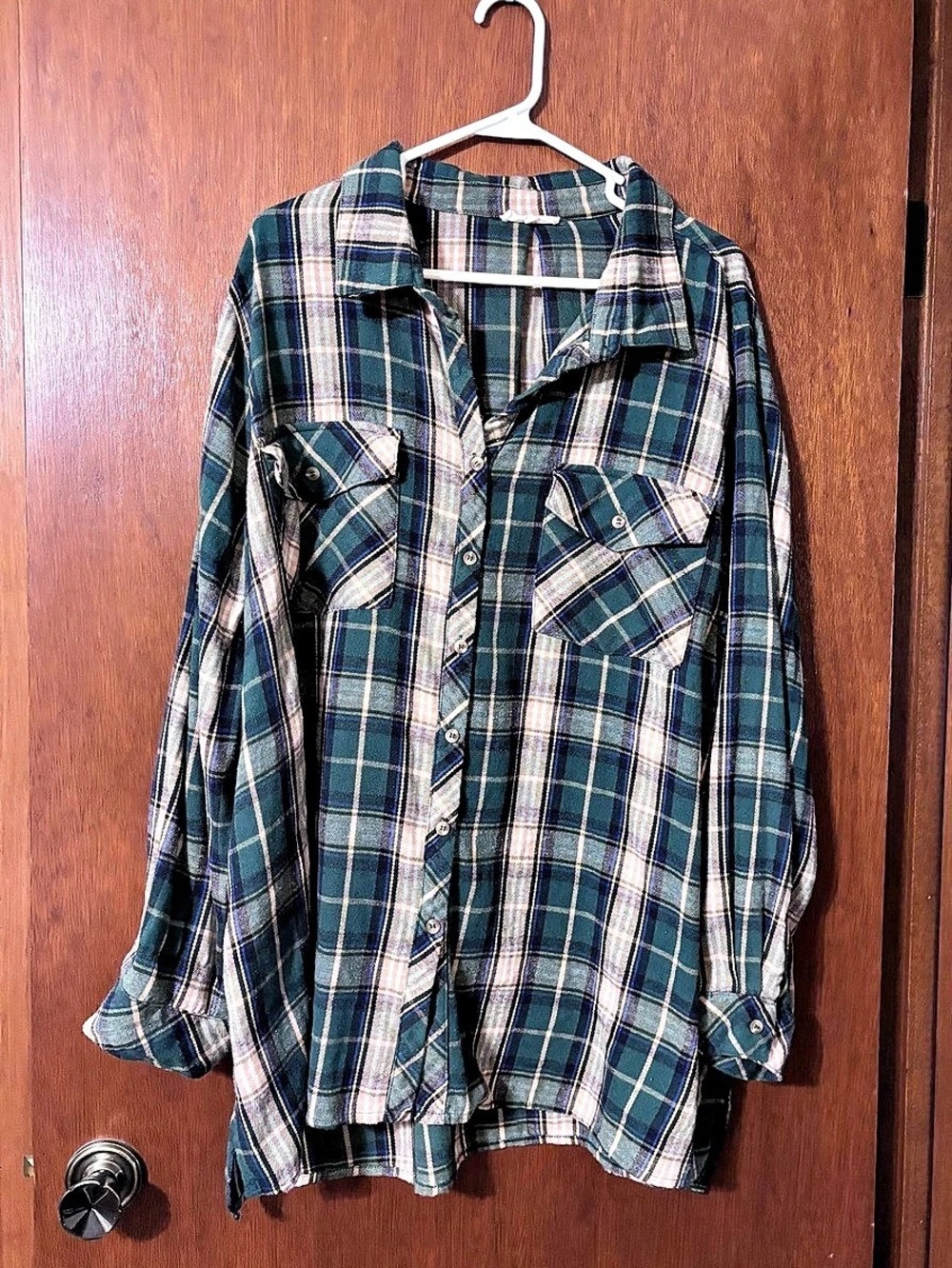Easel Plaid Button Down Shirt in Green & White Size 1X